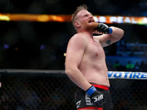 留鬍子的MMA拳手在UFC賽事的籠內慶祝勝利。