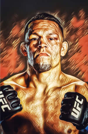 一位肌肉發達的UFC拳手，戴著黑色手套，表情強烈，背景火熱。