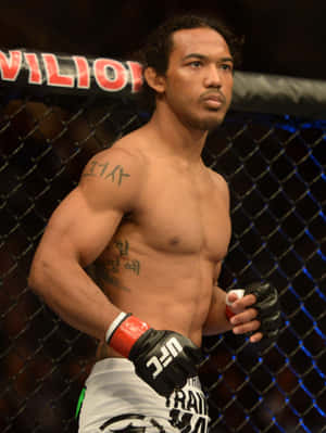 一位赤裸上身、帶有韓國紋身的MMA拳手，戴著手套站在UFC八角籠內。 — 拳擊 壁紙