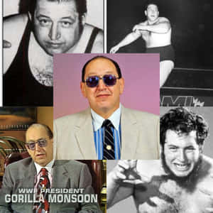 五張摔角人物的拼貼，其中包括穿著西裝和太陽眼鏡的 Gorilla Monsoon。