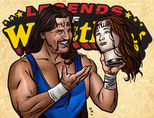 摔角手在'Legends of Wrestling'橫幅下，手持一個額頭寫有'HELP ME'的斷頭。 — 摔角 GIF 壁紙