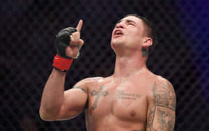 一個勝利的MMA拳手，帶有紋身，在籠內舉起一根手指以示勝利。