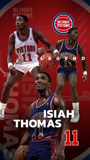 Isiah Thomas 身穿底特律活塞隊制服，手持帶有球隊標誌和11號的籃球。