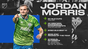身穿綠色球衣的足球運動員Jordan Morris指向前方，附有職業生涯統計數據。