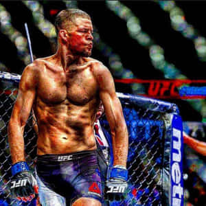 一名傷痕累累且筋疲力盡的MMA拳手在比賽後站在UFC八角籠中。