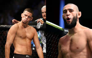兩名男性MMA拳手在籠中，比賽時展現激烈表情。
