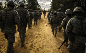 身穿迷彩服的士兵排成一列穿過森林行進。
