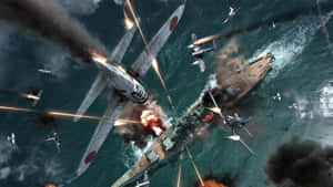 軍艦和戰機在爆炸和煙霧中進行激烈的空海戰。 — 戰爭 壁紙