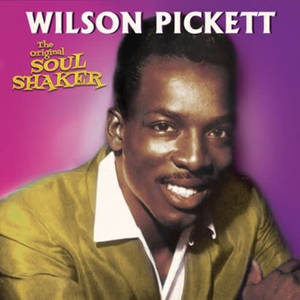 Wilson Pickett 身穿金色外套微笑，紫色背景和靈魂音樂文字。 — 音樂 GIF 壁紙
