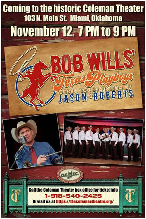 宣傳 Bob Wills' Texas Playboys 在科爾曼劇院舉辦音樂會的海報，附有樂隊和歌手的照片。 — 荷里活 GIF 壁紙