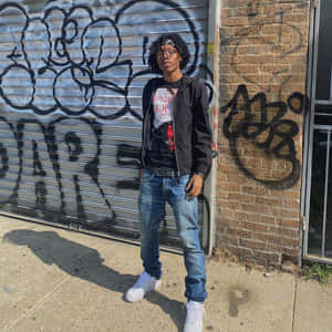 穿著街頭服飾的年輕人站在佈滿塗鴉的城市牆壁附近。