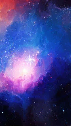 充滿活力的宇宙星雲，帶有發光的恆星和旋轉的藍色、粉紅色和紅色雲層。