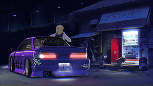 紫色改裝車停泊在夜晚的日本加油站，後面站著一個人。