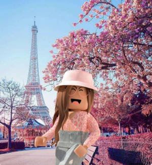 Roblox角色在艾菲爾鐵塔附近的粉紅色櫻花下大笑。 — 巴黎 壁紙