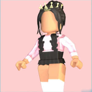 Roblox虛擬角色戴著皇冠和粉黑色服裝在粉紅色背景上