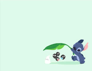 史迪仔用一片巨大的葉子遮蓋細小的黑色生物和一隻白兔。