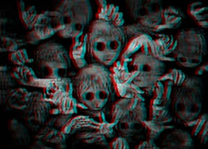 帶有故障效果的3D兒童人物人群，空洞的眼睛和伸出的雙手，紅青3D。