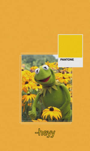 Kermit the Frog 在一片黃色花田中，帶有 Pantone 色板覆蓋層。