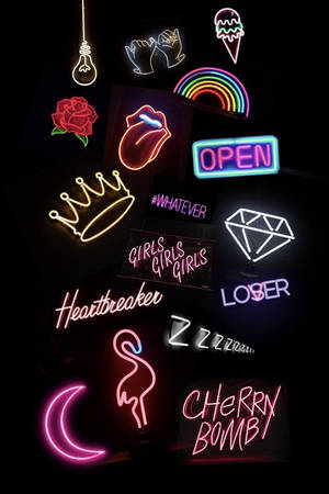 一系列彩色霓虹燈，帶有符號和語句，置於黑色背景上。