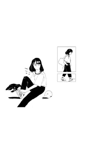 女孩繫鞋帶，並有兩個較小的面板顯示她走路和提著袋子。 — 另類美學 壁紙