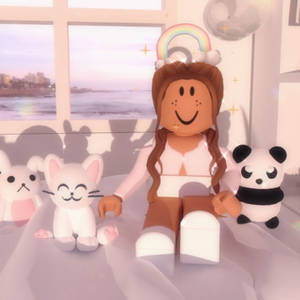 一個帶有彩虹光環的 Roblox 頭像坐在床上，旁邊有毛絨玩具，靠近窗戶，窗外有海景。 — 美學女孩 壁紙