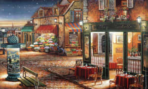 舒適的歐洲街頭咖啡館夜景，發光的窗戶和花卉展示。