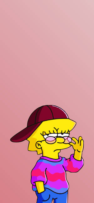Lisa Simpson 戴著帽子和眼鏡，背景為粉紅色。