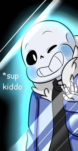 卡通骷髏角色在發光藍色背景下揮手，並帶有文字 *sup kiddo — Sans GIF 壁紙
