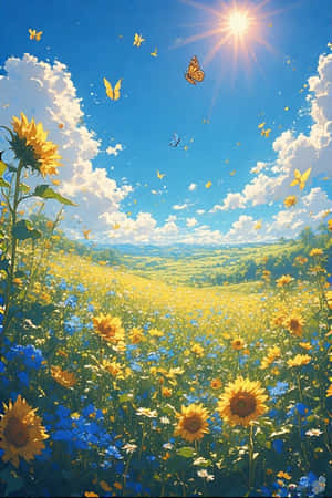 明亮的陽光下，田野裡的向日葵和藍鈴花，蝴蝶在雲間飛舞 — iPhone 4 壁紙