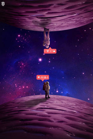太空人在外星行星上，社交媒體心形圖案漂浮在上方