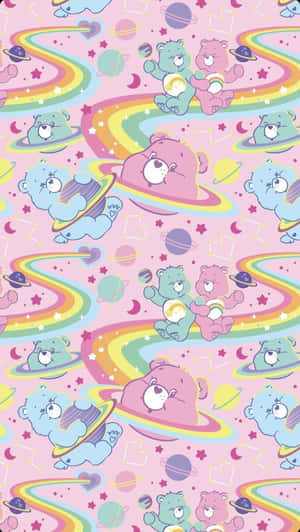 Care Bears在充滿彩虹和行星的彩色空間中漂浮。