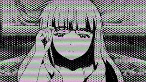 透過數位靜態效果觀看的長髮瀏海動漫女孩。