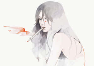 一位灰髮女子以水彩風格從嘴唇吹出橙色煙霧。