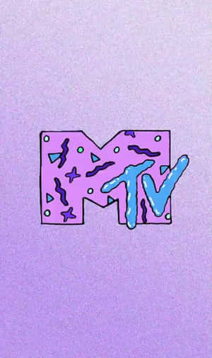 MTV標誌，帶有彩色抽象形狀，置於有紋理的紫色背景上。