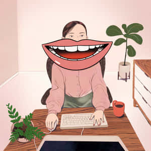 擁有超大微笑嘴巴的人在有植物和杯子的桌子上工作。 — iPad Pro M4 壁紙