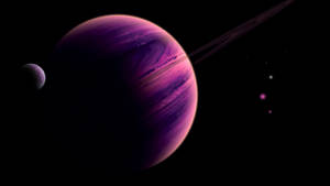 紫色氣體巨星行星，帶有環和衛星在深空 — 銀河月亮動態 壁紙