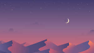 在星夜和彎月下，紫色和粉紅色的山脈。 — 美學桌面 壁紙