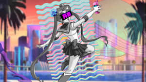 穿著水手服的動漫女孩以霓虹波浪背景和城市天際線自拍。