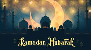Ramadan Mubarak 祝福，以彎月與星星下的清真寺剪影呈現。
