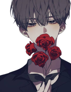動畫男孩手持紅玫瑰，表情憂鬱。