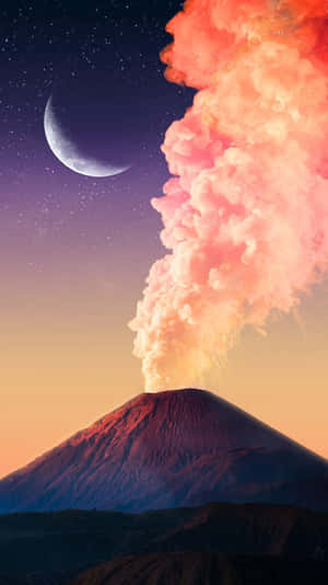 火山在新月和星空下噴出粉紅色煙霧。