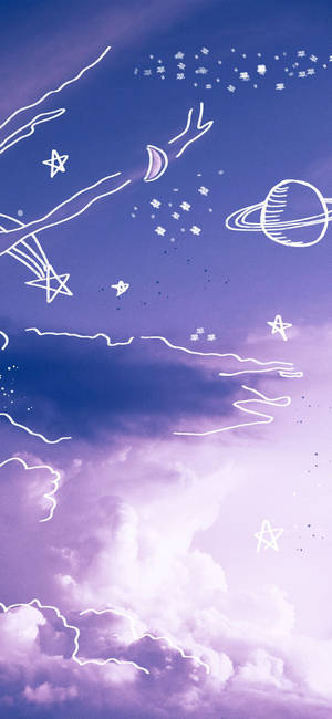紫色天空，帶有星星、行星和雲朵的白色線條藝術。