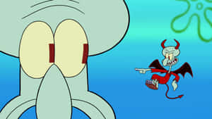 Squidward 睇落好震驚，因為一個細小惡魔版嘅自己喺水底指住佢。