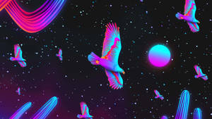 霓虹色的鳥在繁星點點的宇宙夜空中飛翔，伴隨著發光的行星和條紋。