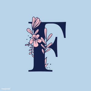 在藍色背景上以粉紅色花朵和葉子裝飾的風格化字母F。