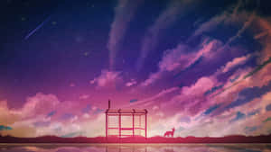 在色彩繽紛的星空下，一隻狐狸站在巴士站附近。 — 日落 壁紙