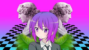 紫色頭髮的動漫女孩穿著校服，棋盤格地板上有經典半身像和熱帶葉子。