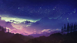 紫色山脈上的星空，樹木剪影