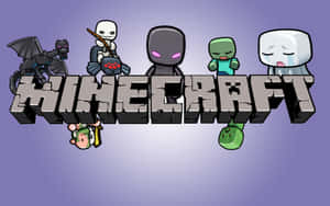 Minecraft 遊戲標誌，其標誌性方塊角色在紫色背景上。