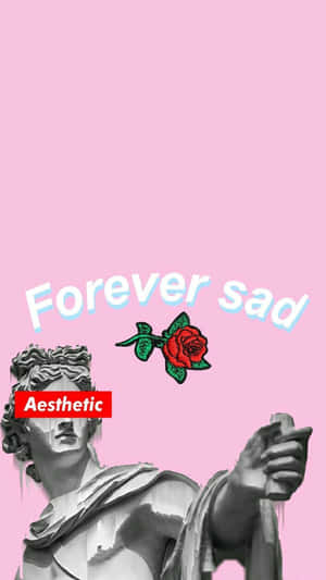 雕像與紅玫瑰及文字 forever sad 在粉紅色背景上
